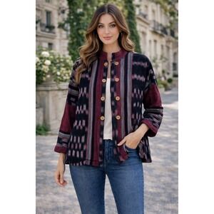 Yasuko Kurisaka Black Burgundy Ikat Cotton Art to Wear Jacket Mandarin Collar